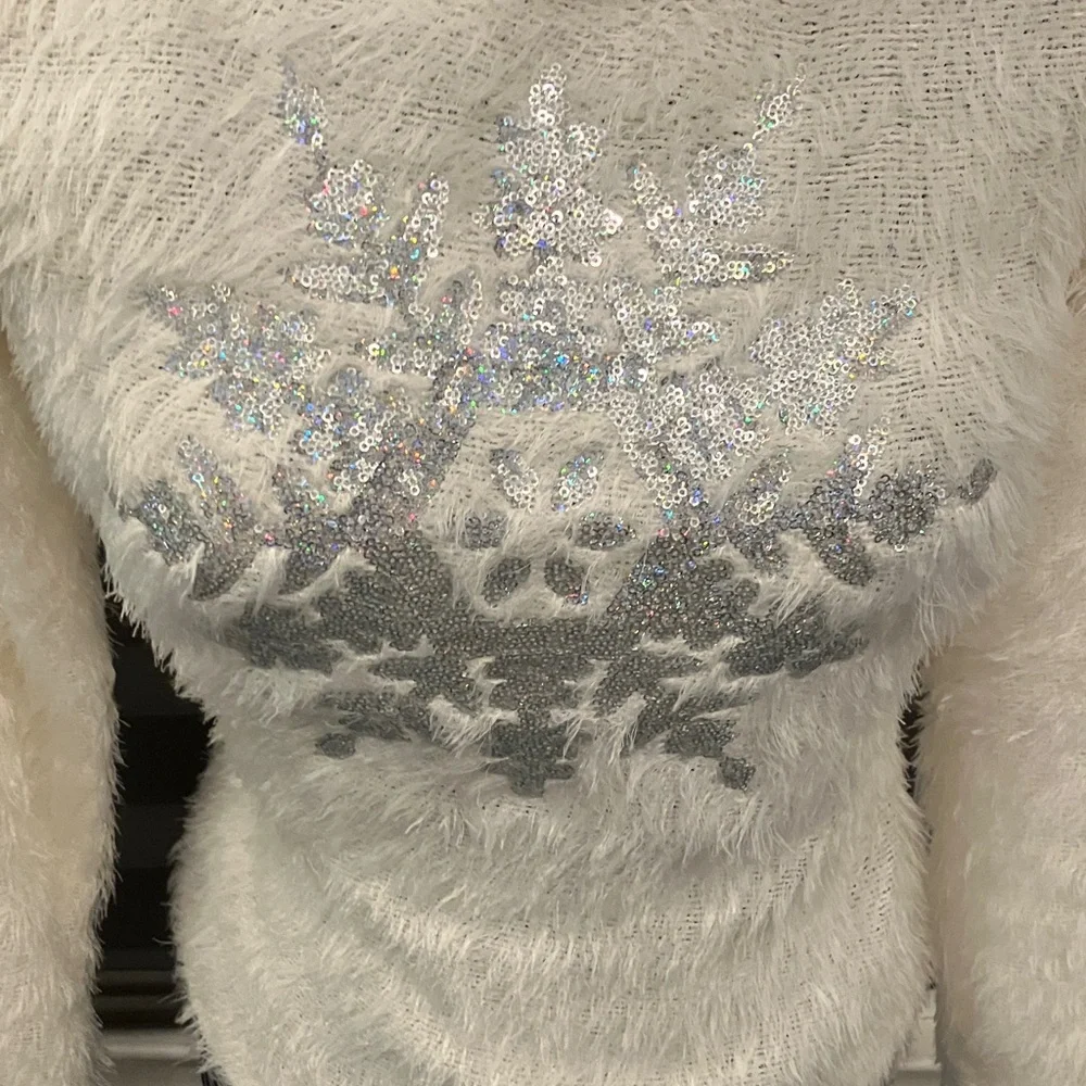 Poof! White Fuzzy Sweater with Silver Snowflake - Picture 3 of 7